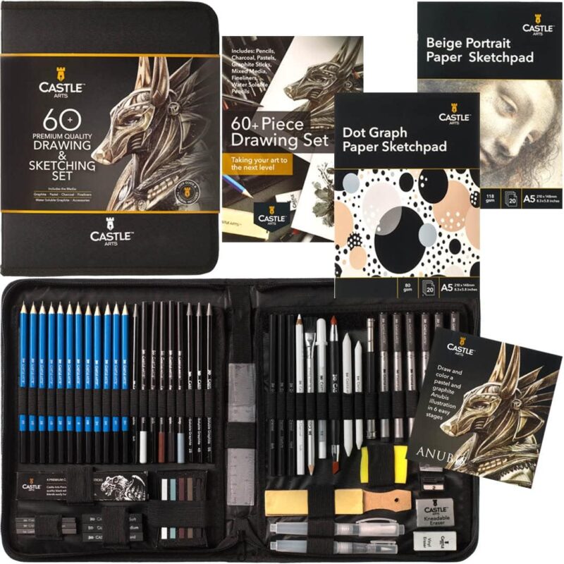 Castle Art Supplies 60 Piece Drawing & Sketching Set | Quality Graphite, Charcoal, Pastel, Water Soluble Pencils + Sticks, Fineliners | For Professional and Adult Artists | In Carry-Anywhere Zip Case