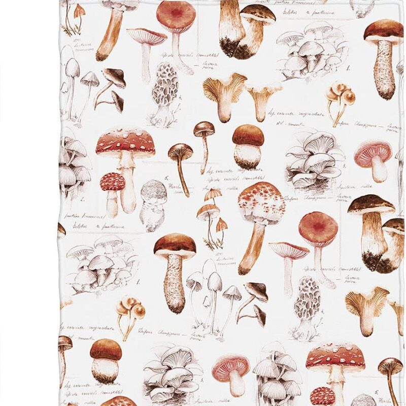 WONDERTIFY Different Mushrooms Throw Blanket Watercolor Natural Plant Wild Fungus Species Mushrooms Large Blanket Cozy, Warm and Lightweight Living Room/Bedroom All Season 60"X80" Brown White