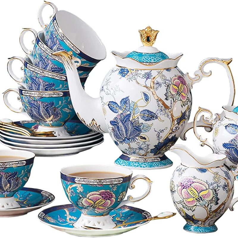 ACMLIFE Tea Sets for Adults, Tea Party Set for Women Blue and White, Cup and Saucer Set for 6, Fine Coffee English Vintage Porcelain Luxury Bone China Wedding Floral Tea Cup Set with Teapot for Gift