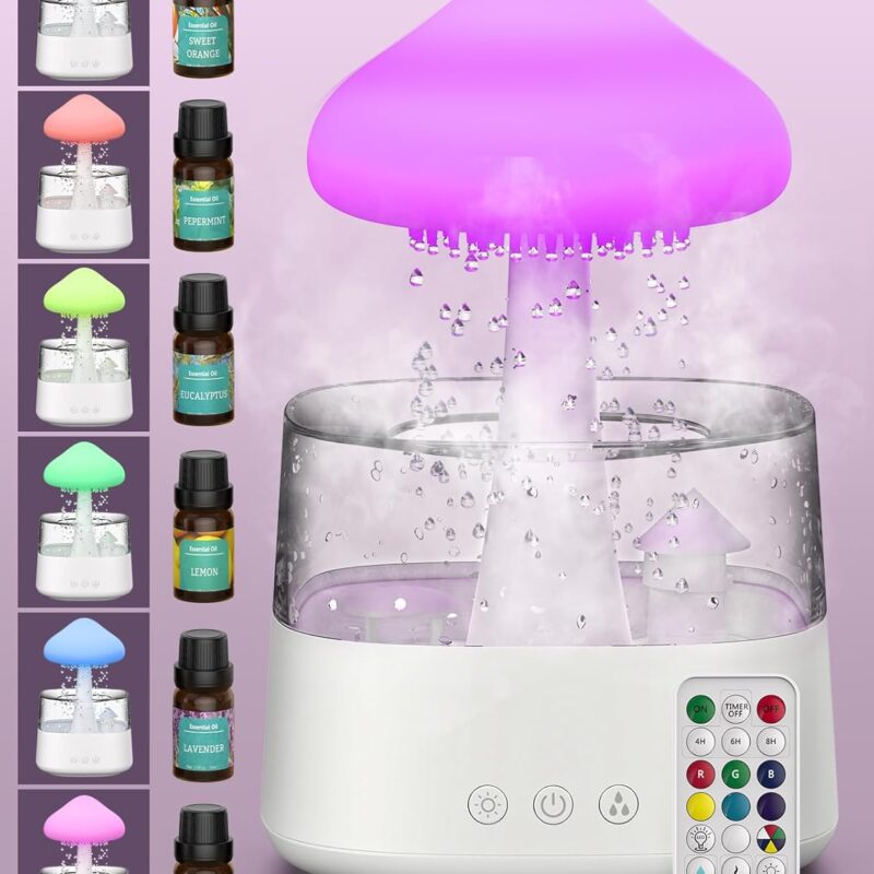 Rain Cloud Humidifier Water Drip, 2 in 1 Humidifier with Essential Oil Diffuser,450ml Cloud Humidifier Rain Drop,Mushroom Humidifier with 7 Colors for Sleeping Relaxing