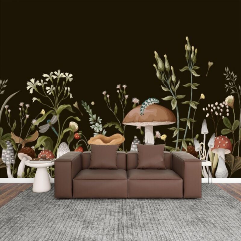 Modern Wallpaper Murals 3D Autumn Border Mushrooms Berries Natural Trendy Print Peel and Stick Removable Self-Adhesive PVC Wall Stickers for Nursery Kids Bedroom TV Wall Decor, 144x100''