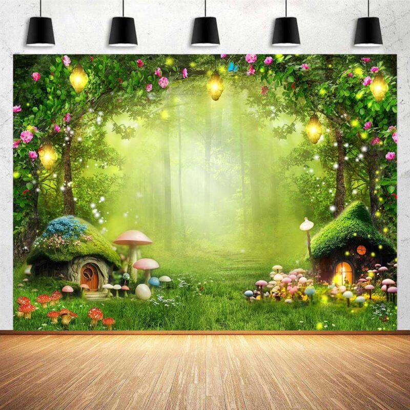 15x10ft Enchanted Forest Photo Backdrop, Wonderland Backdrop for Girl Princess Party Baby Shower Banner, Fairytale Magic Mushroom Cabin for Kids Room Wall Decorations Birthday Party Photo Prop