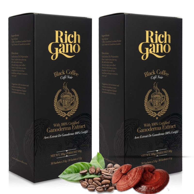 Rich Gano Reishi Mushroom Coffee – (2 Boxes of 30 Sachets) Black Coffee with Ganoderma Extract – All Natural Vegan Friendly Instant Coffee Packets – Zero Jitters Energize
