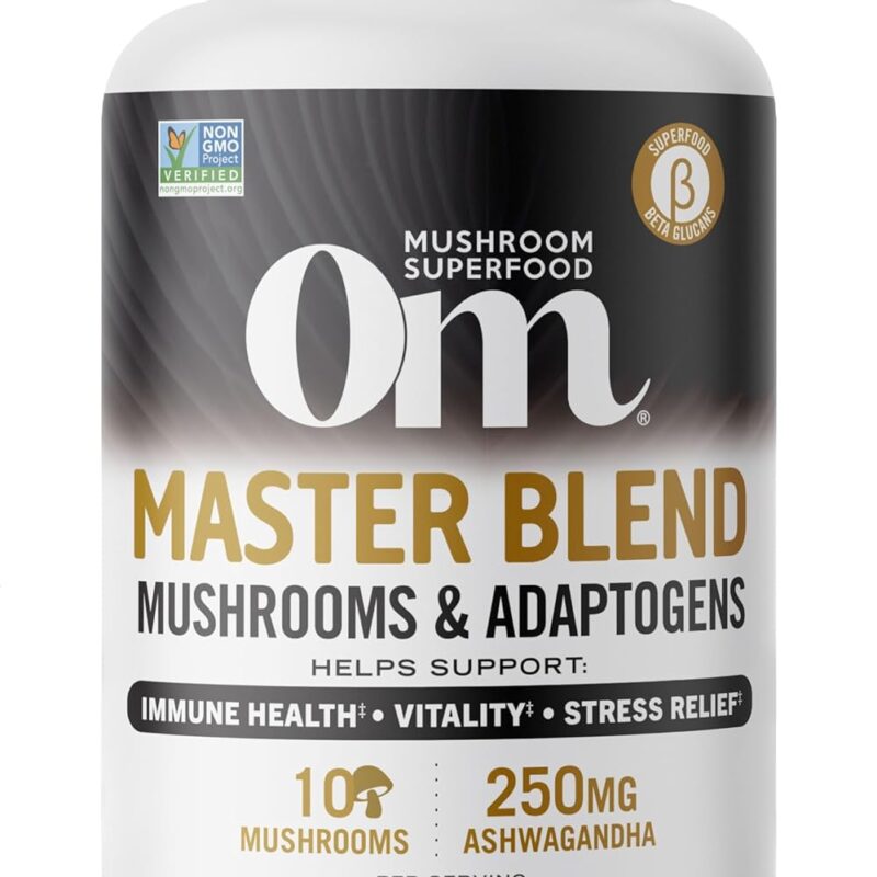 OM MUSHROOM SUPERFOOD Master Blend Mushrooms & Adaptogens, Capsules Supplement, 168 Count, 56 Servings, 10 Mushroom Complex, Adaptogens for Immune Health, Vitality, Stress Relief