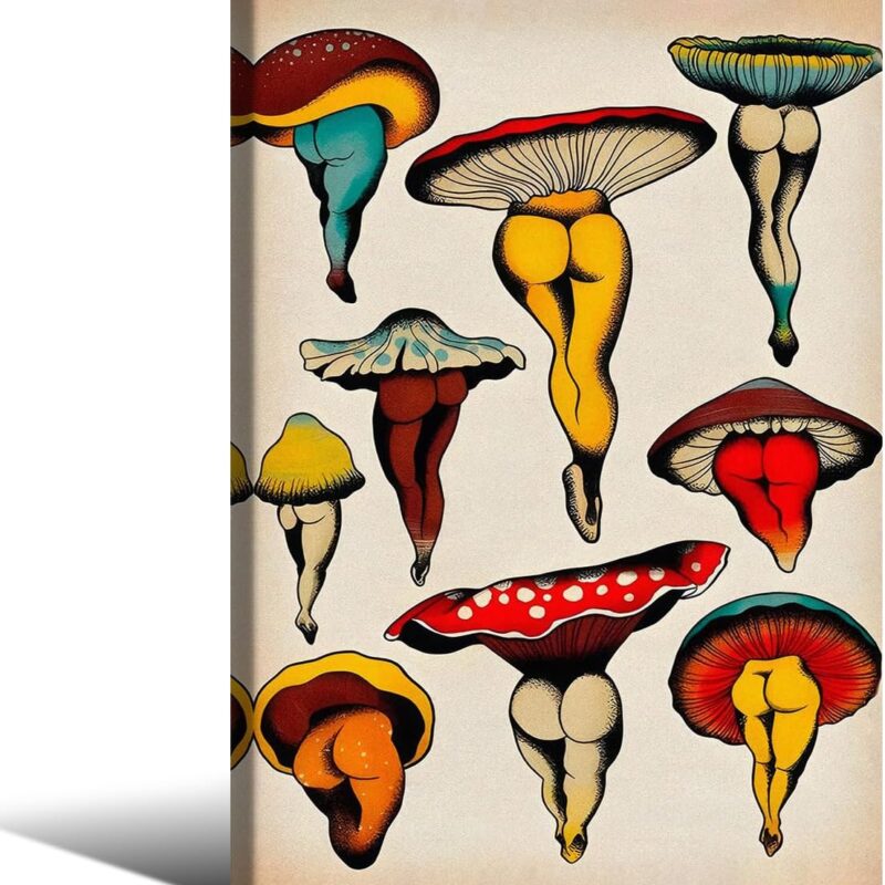 Colorful Trippy Vintage Wall Art Funny Hippie Mushroom Butt Booties Poster 16x24 inch Framed Psychedelic Mushroom Fungus Canvas Prints for kitchen Bedroom Wall Decor