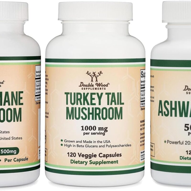 Double Wood Supplements Lion's Mane Mushroom 120 Count, Turkey Tail 120 Count, Ashwagandha 120 Count