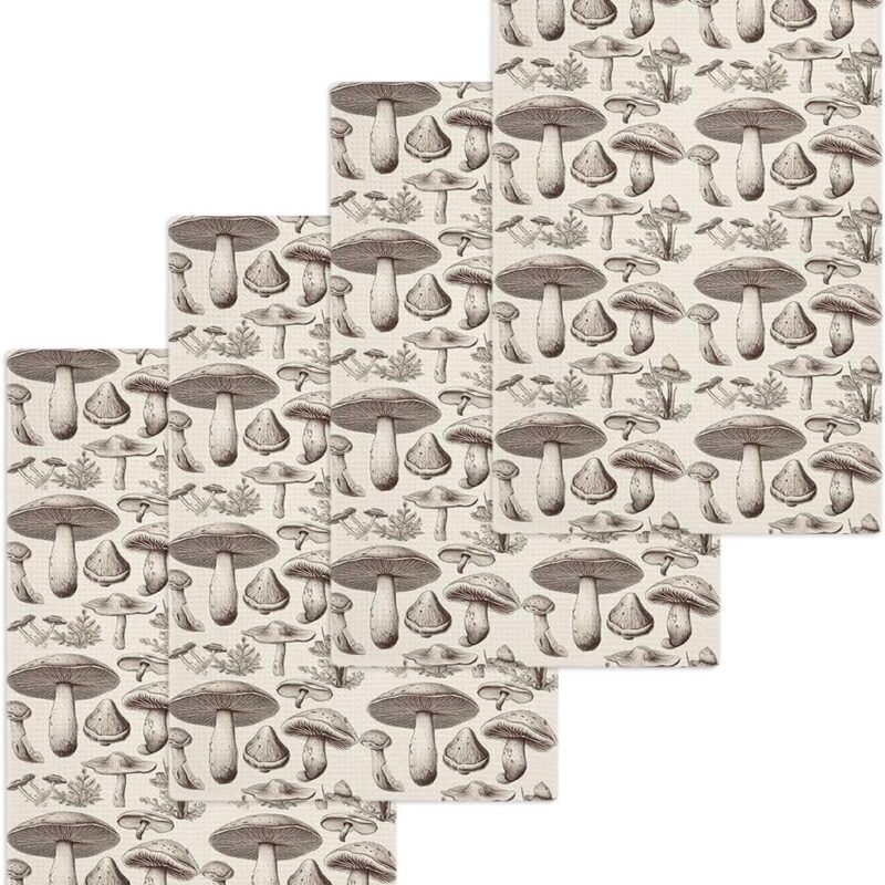 Rustic Mushroom Dish Towels Waffle Kitchen Towels Set, Absorbent Quick Drying Towel Cleaning Vintage Leaf Plant Illustraction Hand Towels for Bathroom 4 Pack Dish Cloths 15.7"x23.6"