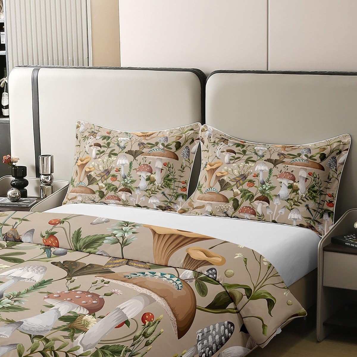71YJShGcKjL._AC_SL1200_.jpg Mushroom 100% Cotton Duvet Cover Queen Watercolor Wild Jungle Plants Rustic Style Bedding Set for Kids Teens Adults Wild Dragonfly Moth Cute Strawberry Comforter Cover with 2 Pillowcases(No Comforter) - Image 3