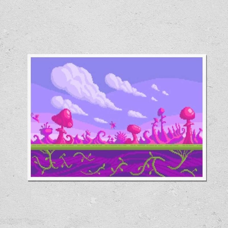 HardPress Wall Art Poster Print of Pixel Art Game Location. Cute Pink Mushrooms Area. Seamless Background.