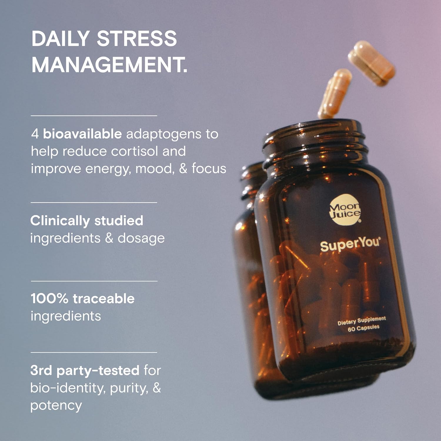 71ZDKXlAZzL._AC_SL1500_.jpg Moon Juice - SuperYou - Bottle (60 Capsules) - Energy, Mood & Focus - Organic Ashwagandha Supplements - Cortisol Reducer - Reusable Glass Bottle - 3rd Party Tested - 100% Traceable - Vegan & Non GMO - Image 2