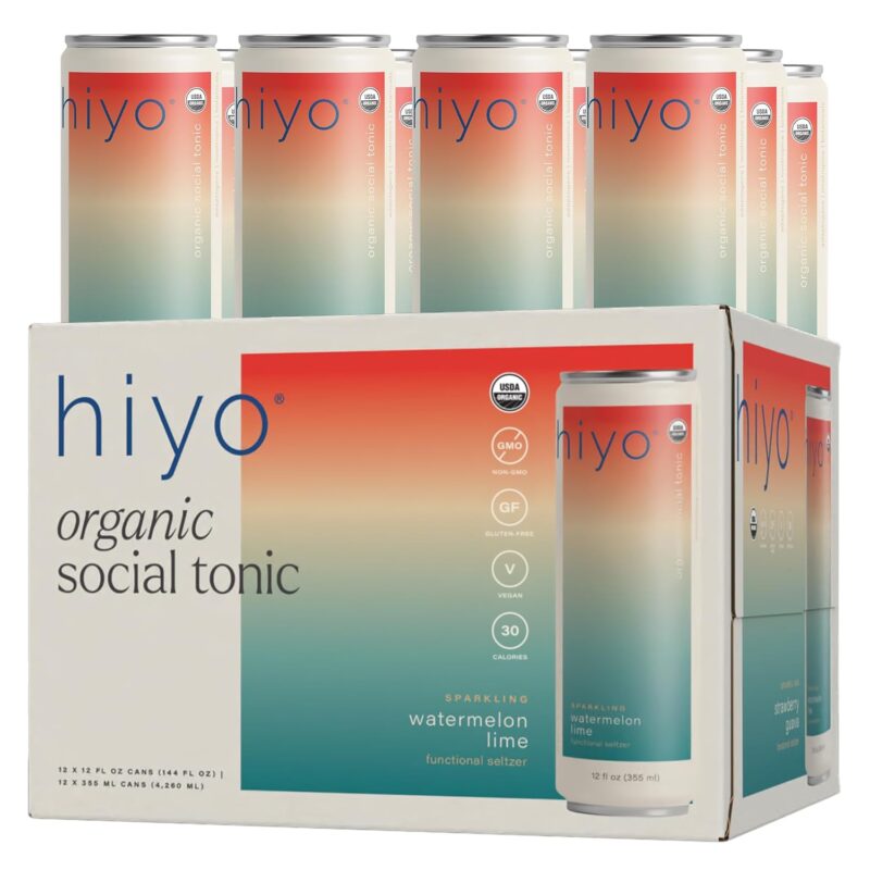 Hiyo Organic Social Tonic - Watermelon Lime, 12 Pack - N.A. Functional Seltzer, Sparkling Water Crafted with Organic Adaptogens, Nootropics & Botanicals