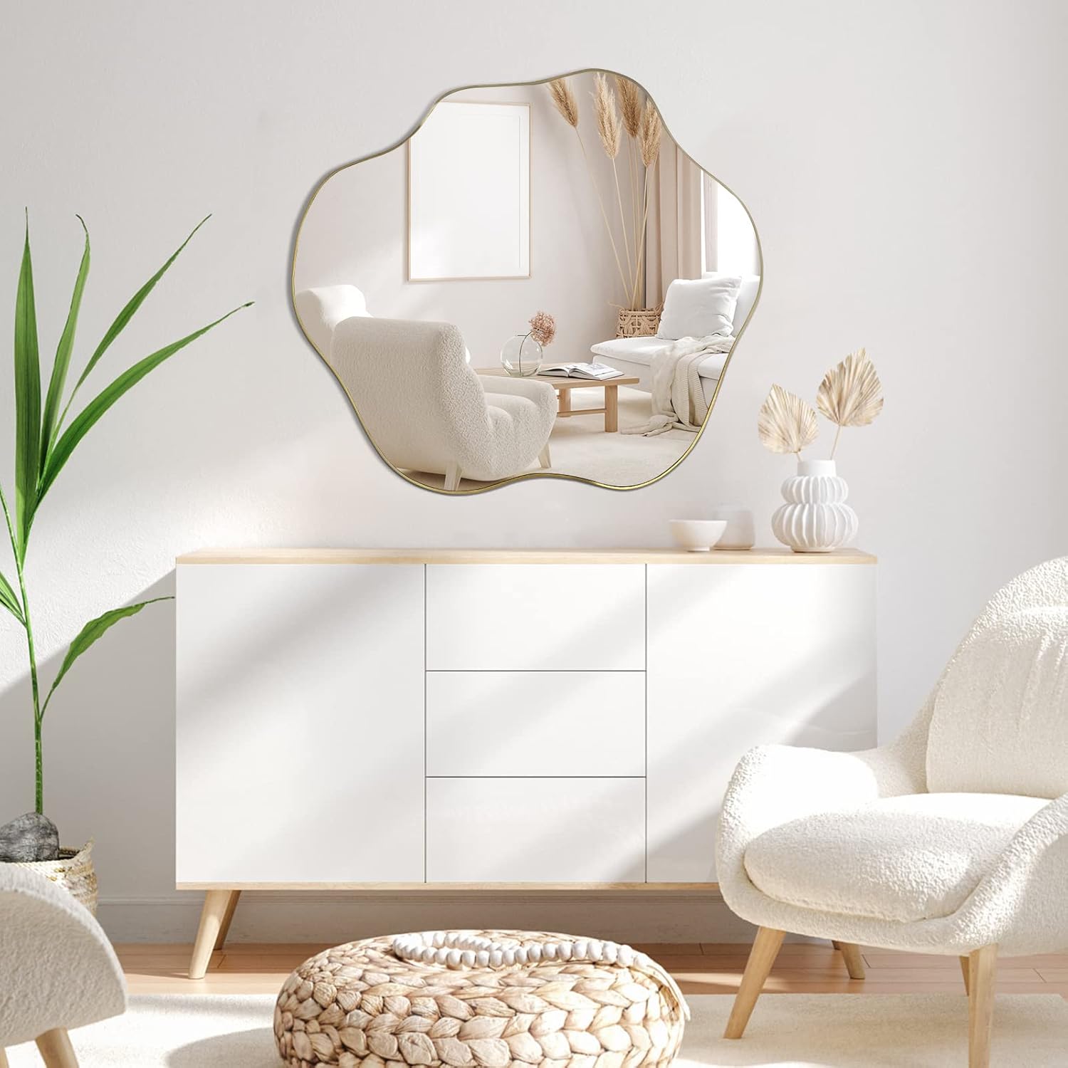 71ZeCHcusDL._AC_SL1500_.jpg Irregular Mirror, Asymmetrical Wall Mirror, 30"x26.8" Gold Waved Decorative Round Mirrors, Modern Scalloped Mirrors for Living Room Bathroom Bedroom Entryway