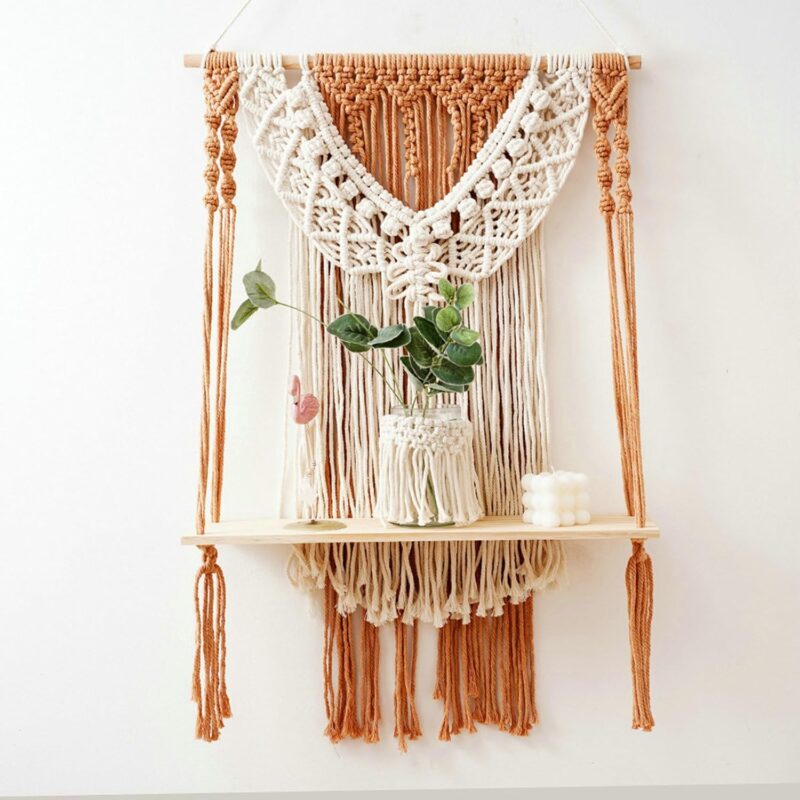 Gualiy Macrame Wall Organizer, Bohemian Wall Tapestry Handmade Woven Tassels Wall Hanging Storage Shelves for Bathroom, Living Room, Bedroom 50x80cm