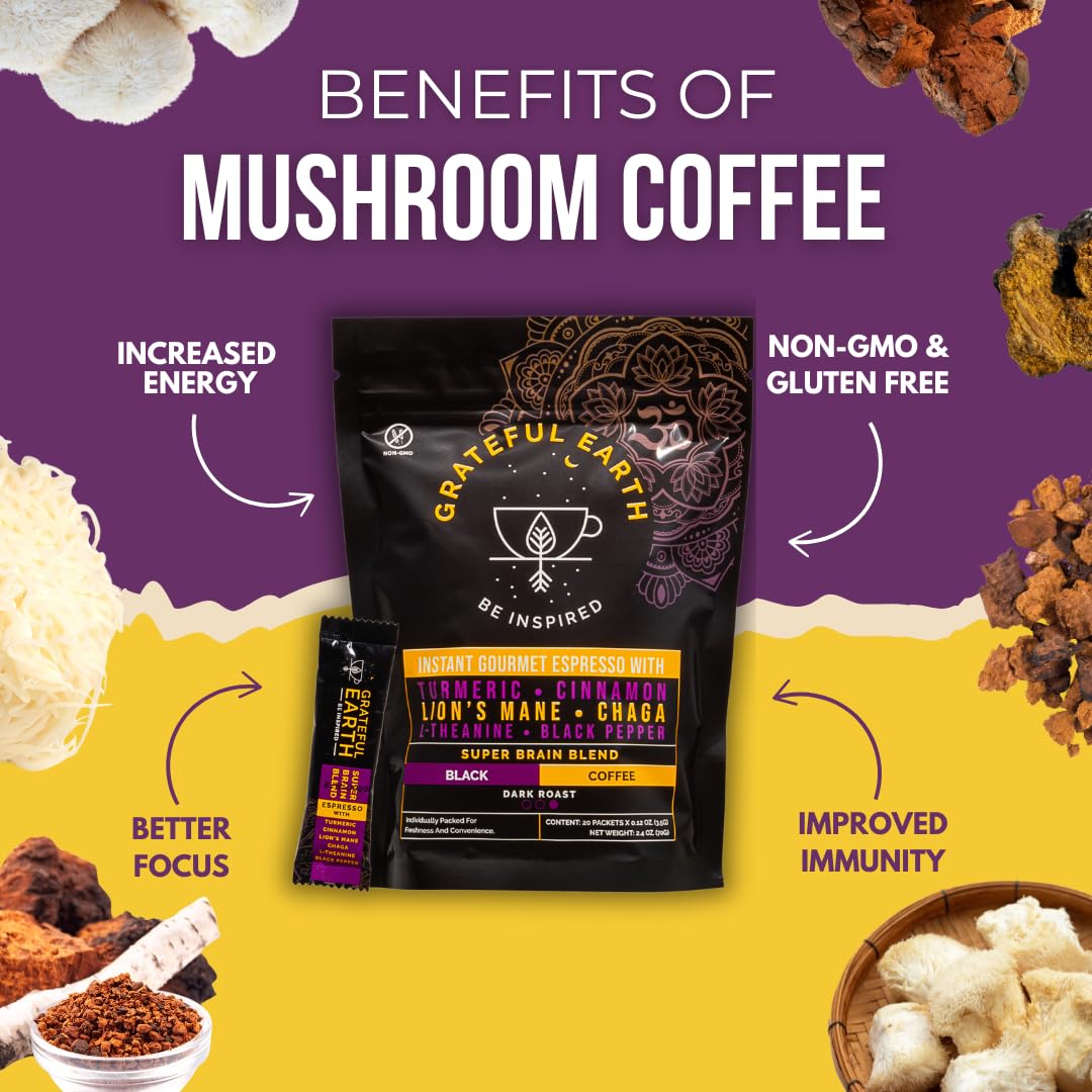 71ZuyhXKycL._SL1080_.jpg Grateful Earth Mushroom Coffee Bundle, Instant Coffee with Cinnamon, Turmeric, Lion’s Mane Mushrooms, L-Theanine, Chaga, Super Brain Blend For Energy & Immune Support, Dairy & Gluten Free, 2 Bags, 40 - Image 3