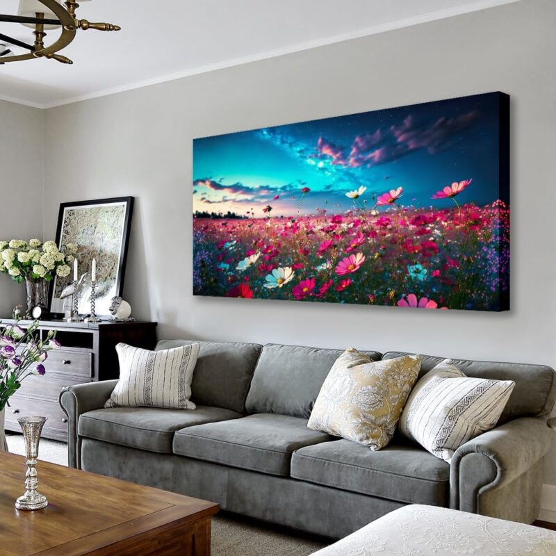 KZKU Wall Art Daisy Flower Blue Sky Natural Landscape Wall Decoration Wildflower Wall Art Pictures for Living Room Bedroom Home Decor Canvas Prints Size:20x40inch Ready to Hang