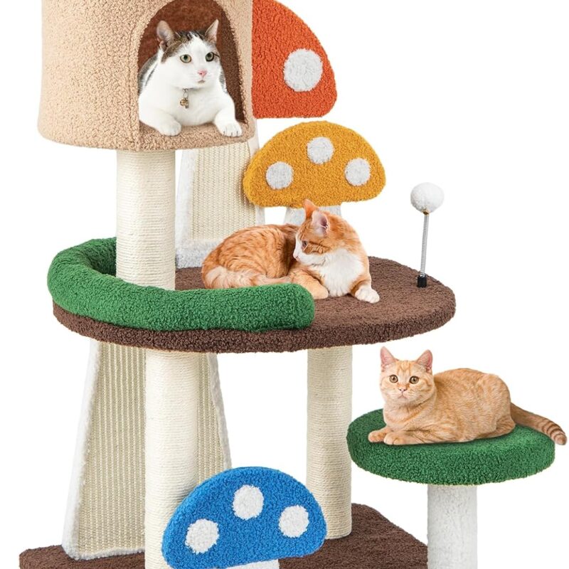 PETSITE Mushroom Cat Tree, 40.5 Inches Tall Multi-Level Cat Tower with Natural Sisal Scratching Posts & Boards, Cat Condo and Teasing Spring Ball, Cute Cat Tree Tower for Indoor Cats Large Adult