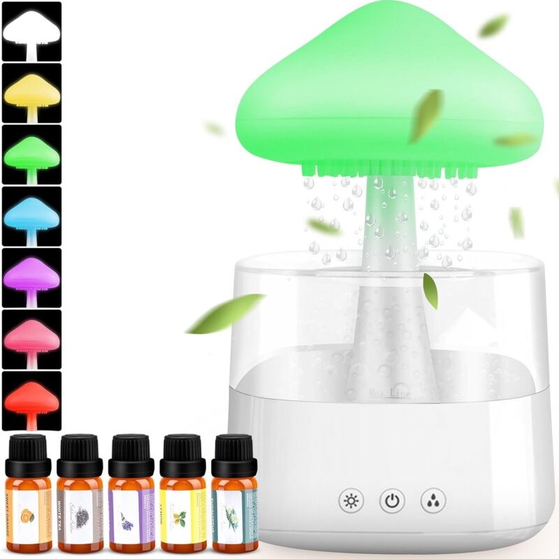 Mushroom Humidifier with Essential Oils, Night Light with 7 Changing Colors, Desk Cloud Lights for Sleeping and Relaxing Mood, White