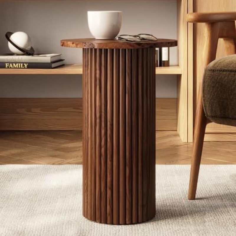 Round Fluted Drink Table - Modern Home, Bedroom, and Living Room Desk Furniture - Small Wooden Round End Table with a Solid Base and Wood Veneer Top (Burl Walnut Finish)