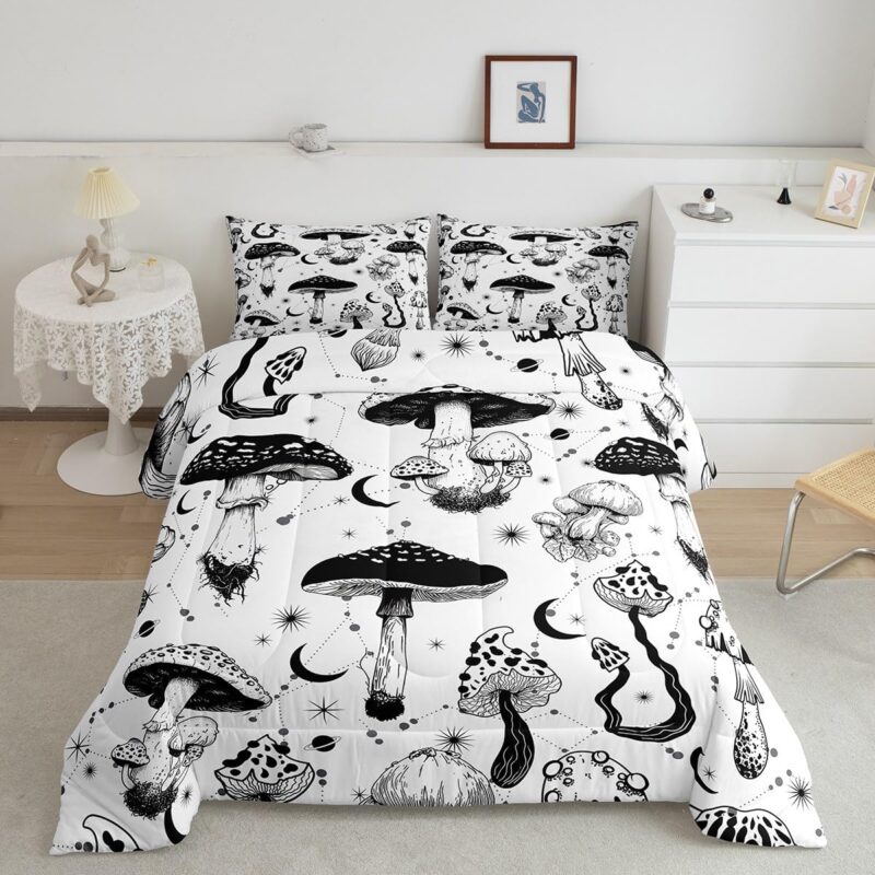 Wild Mushroom Comforter Set Queen Size,Abstract Sun Moon Starry Quilt Set Gothic Plants Bedding Set for Kids Boys Teens Room Decor,Black White Sketch Style Duvet Insert with 2 Pillowcases