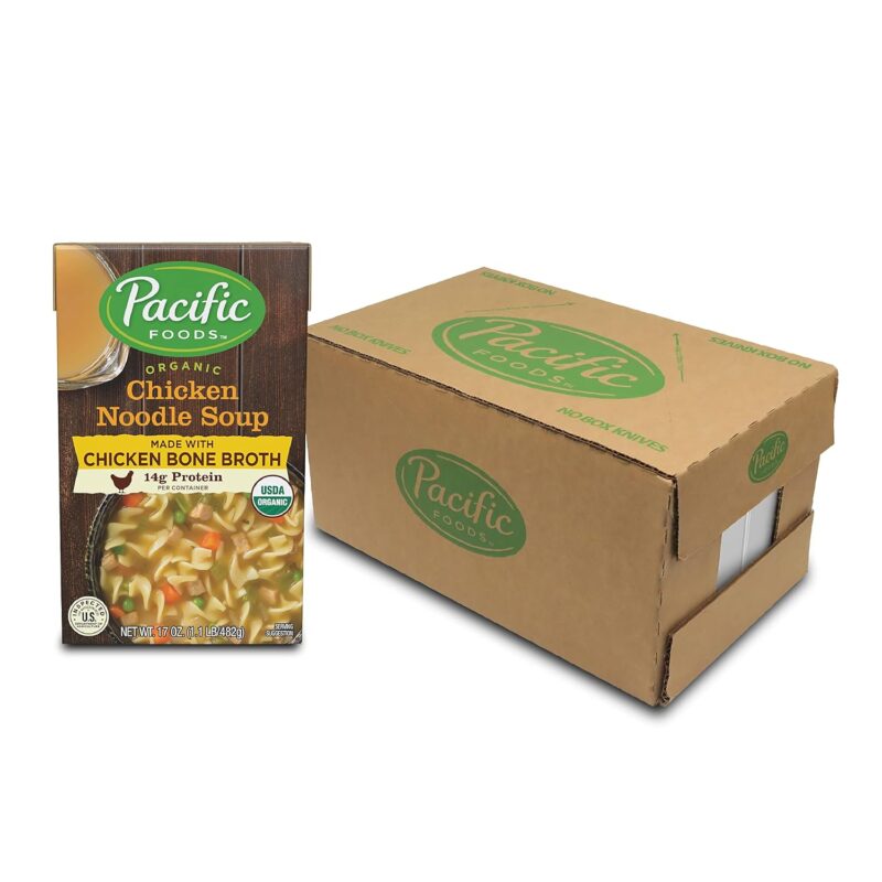 Pacific Foods Organic Bone Broth Chicken Noodle Soup, 7g Protein per Serving, Flavorful and Nutritious, 1.1 Pound (Pack of 12)