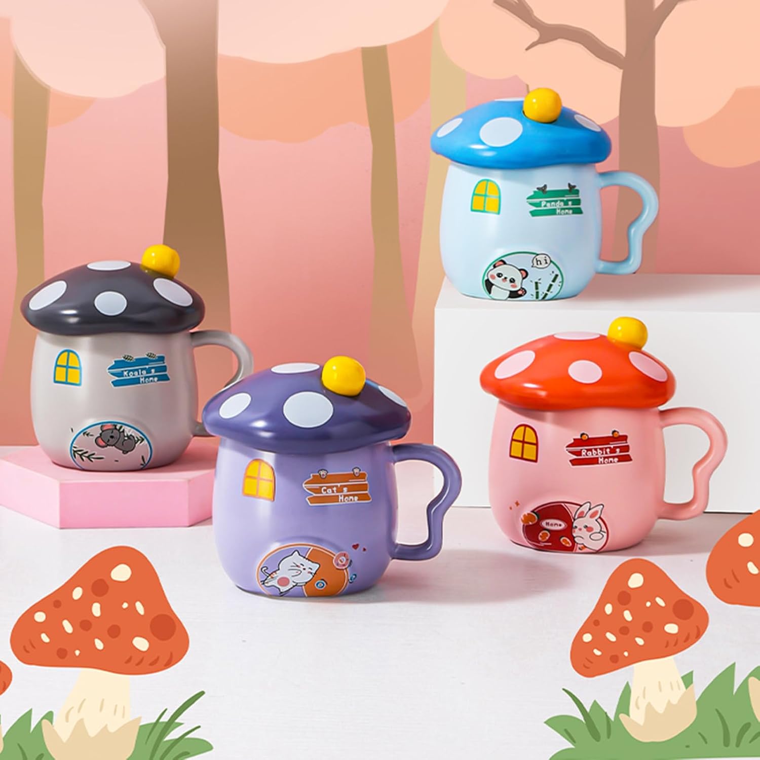 71amcrNRLL._AC_SL1500_.jpg Mushroom Mug, Mushroom Cup 4 Pieces Cute Coffee Cup with Handle Gifts for Men Women for Office Work Home 15.2Oz,1 - Image 3