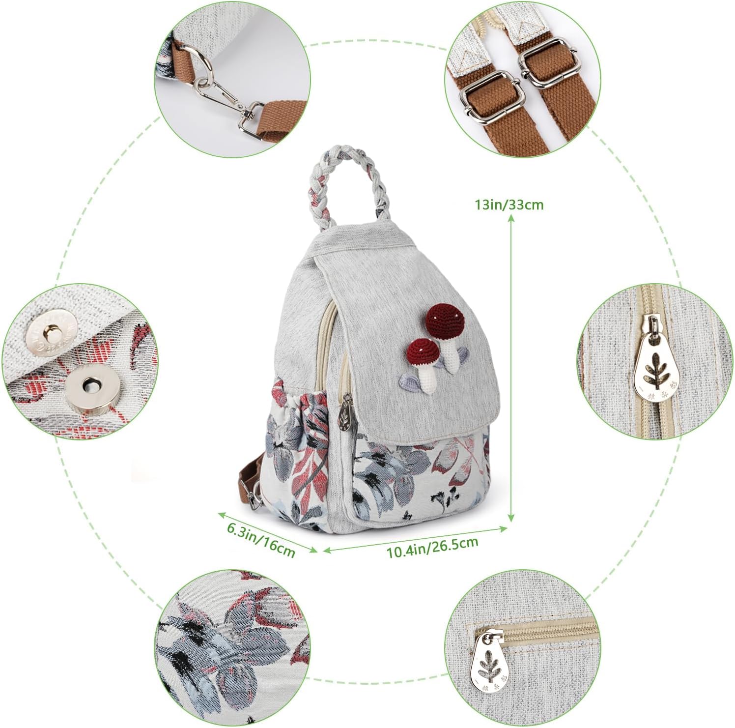 71c6EhXrcL._AC_SL1500_.jpg Ladys Convertible Sling Bag, Hand Craft Artisan Purse, Beautiful Mushroom Canvas Premium Casual Day Mini Backpack for women - Image 7