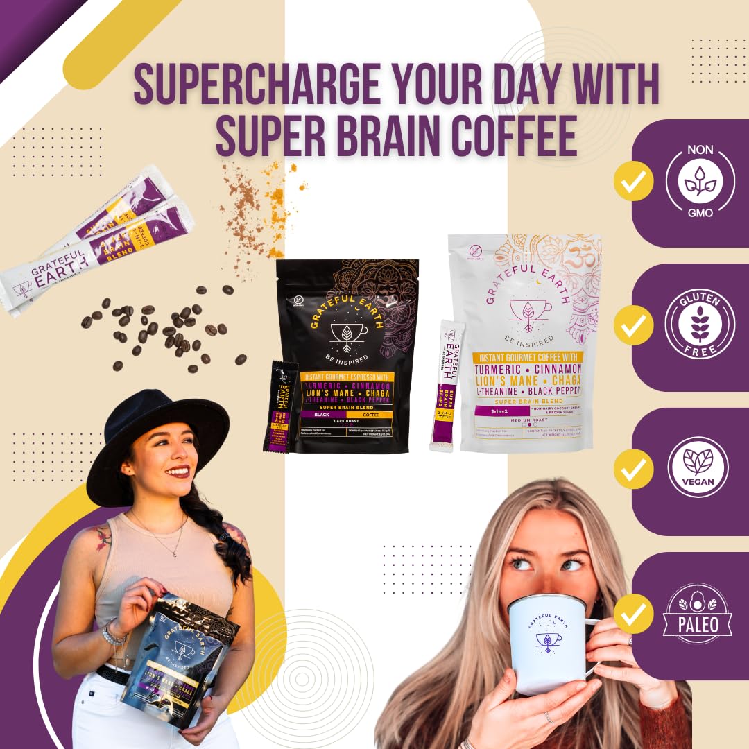 71cJ2zIT5XL._SL1080_.jpg Grateful Earth Mushroom Coffee Bundle, Instant Coffee with Cinnamon, Turmeric, Lion’s Mane Mushrooms, L-Theanine, Chaga, Super Brain Blend For Energy & Immune Support, Dairy & Gluten Free, 2 Bags, 40 - Image 2