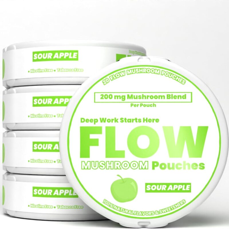 FlowPouches Mushroom Pouches - Focus & Energy, Fresh Mint, Lions Mane Cordeyceps Blend, Caffeine Free, 20 Pouches, Cognitive Support, 100% Natural Ingredients, 5 Pack of Cans (5 Can Pack, Sour Apple)