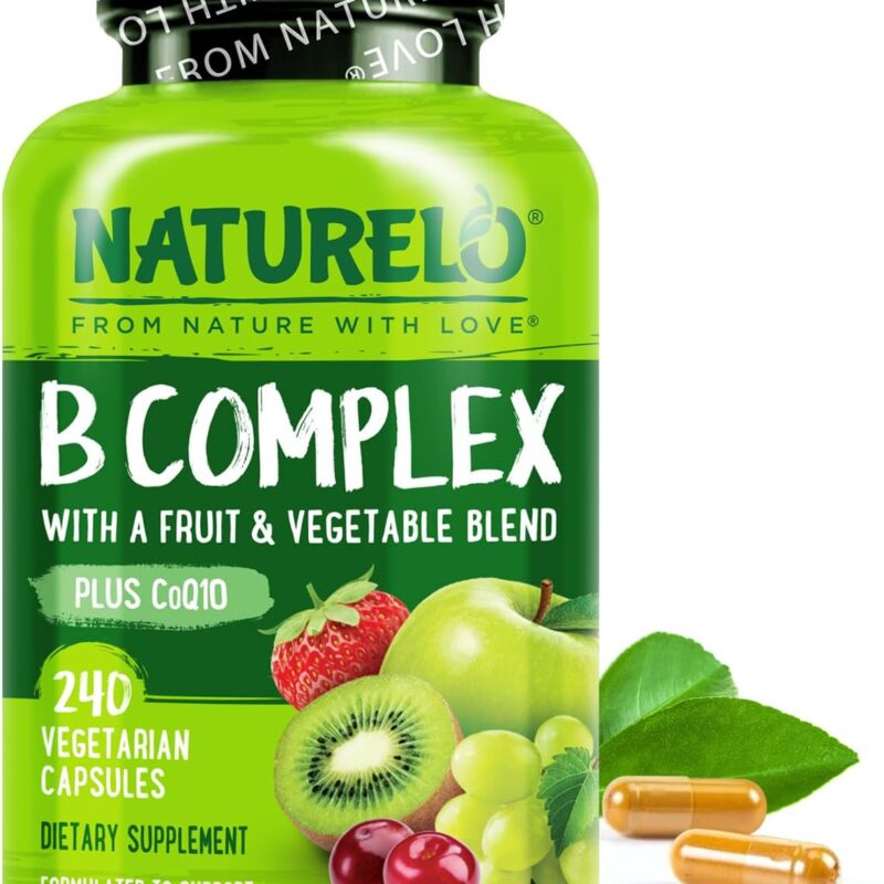 NATURELO Vitamin B Complex with Methyl B12, Methyl Folate, Vitamin B6, Biotin Plus Choline, CoQ10, and Fruit & Vegetable Blend - Supports Energy & Healthy Stress Response - Vegan - 240 Capsules