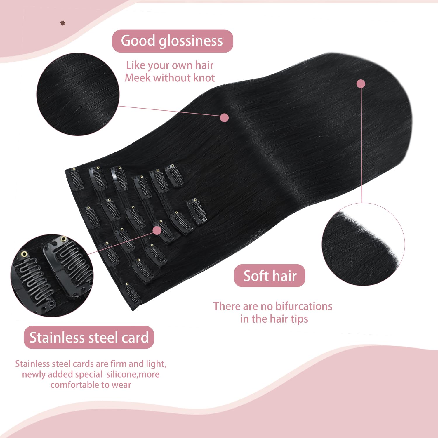 71ds7btwqVL._SL1500_.jpg HUAYI Black Clip in Hair Extensions Real Human Hair 22 Inch 120g #1 Jet Black Hair Extensions Clip ins Human Hair Natural Hair Extensions Clip in Full Head 7pcs - Image 3
