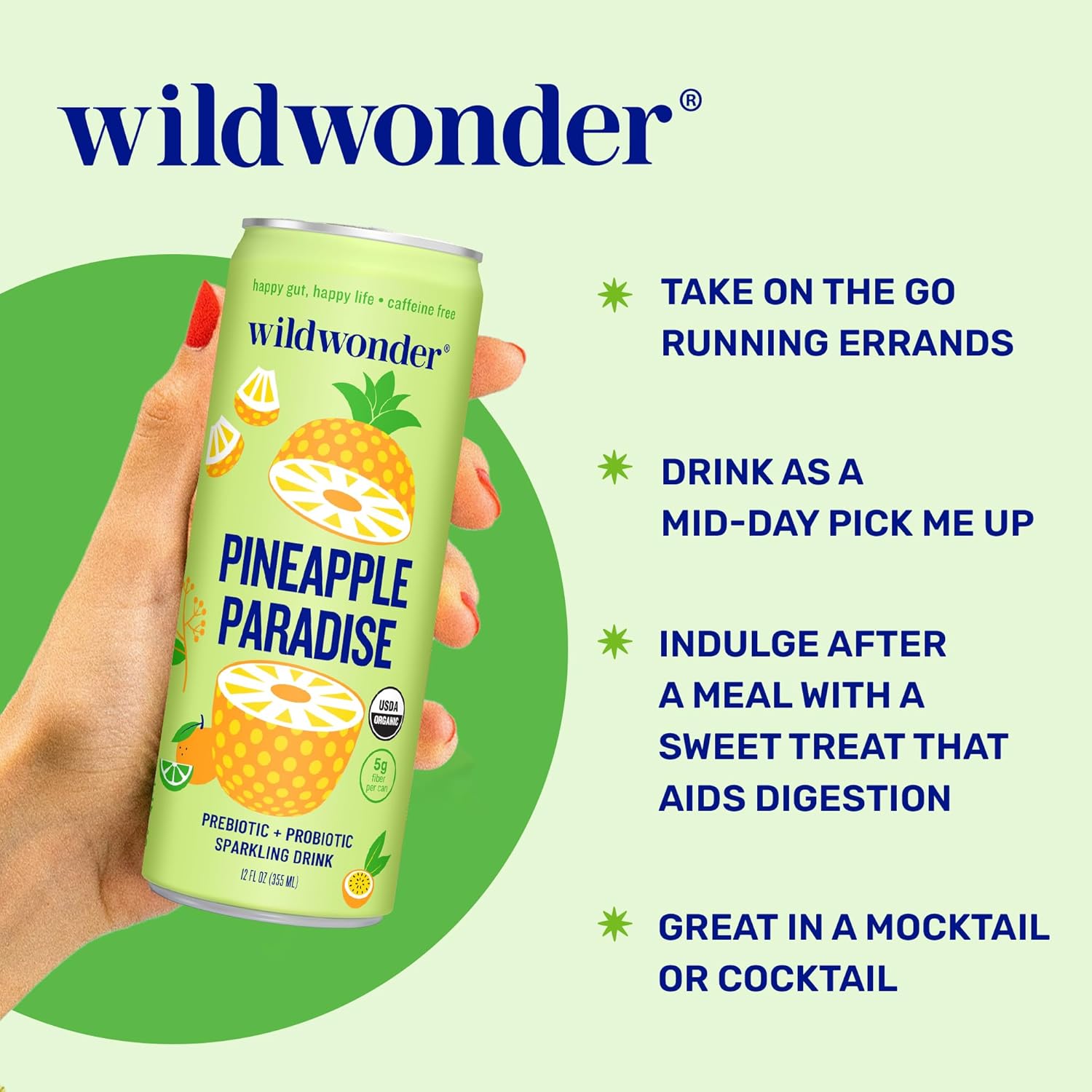 71dt2Xl3ySL._SL1500_.jpg wildwonder Sparkling Probiotic Drink 12pk, For Gut Health & Immune Support, Pineapple Paradise, 5g Prebiotic Fiber, Live Probiotics, Organic, Vegan, Low Sugar, 12 Pack, 12oz Can, As Seen on Shark Tank - Image 2