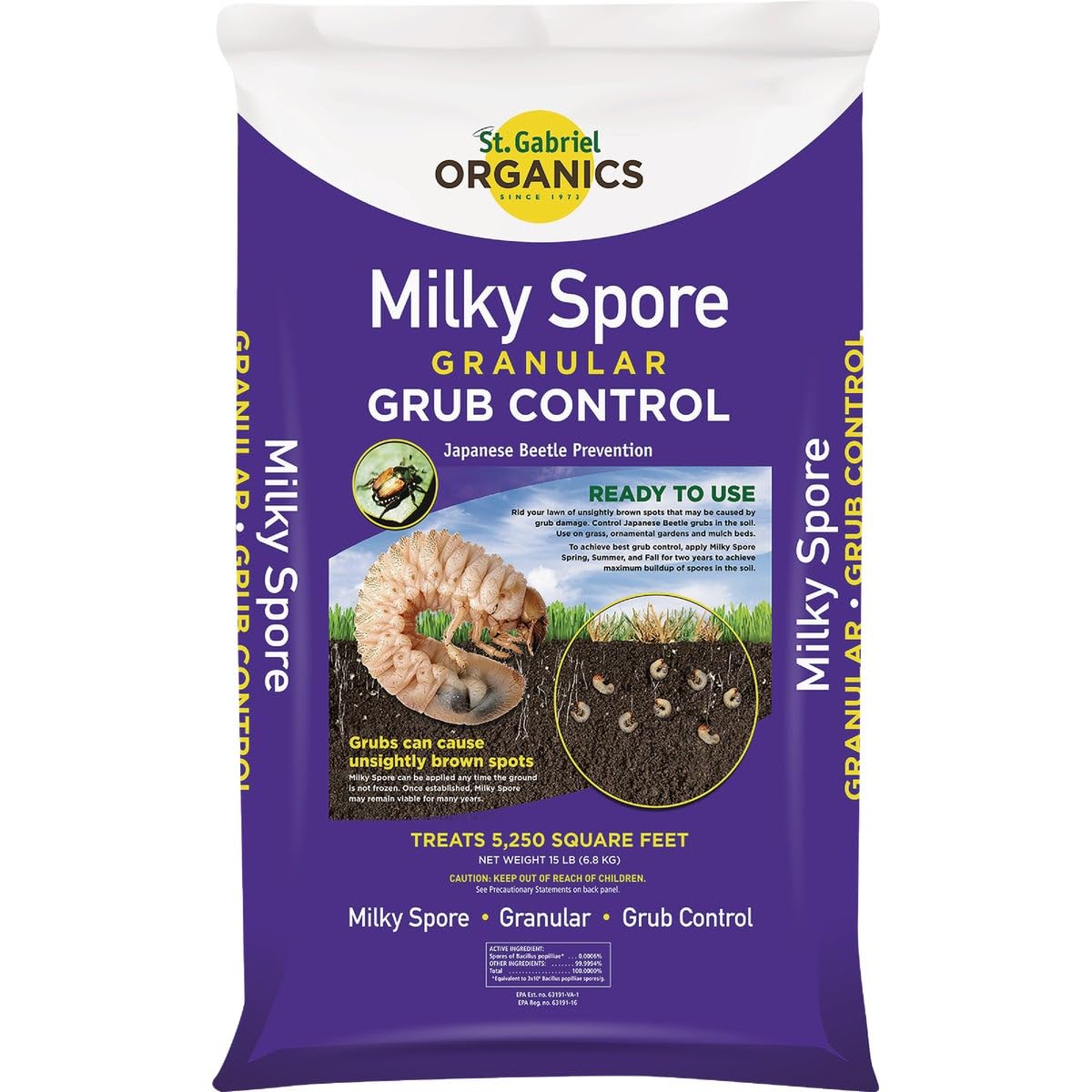 71dvaEn8bNL._SL1200_.jpg St. Gabriel Organics - 15 Pound Milky Spore Granular Natural Japanese Beetle Grub Control and Repellent for Lawn and Garden Care