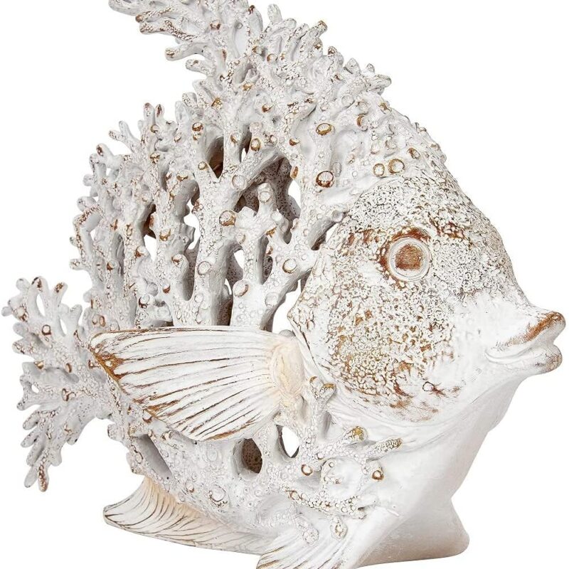Ocean Decor White Coral Reef Angelfish Sculpture Beach Home Decor Coastal Coral Look Tabletop Collection 12 in x 11 in