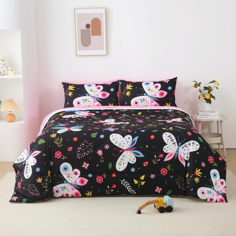 Girls Butterfly Comforter Set Twin Size Black 7 Piece Bed in A Bag Colorful Flowers Leaves Bedding Set for Kids Teens Super Soft All Season