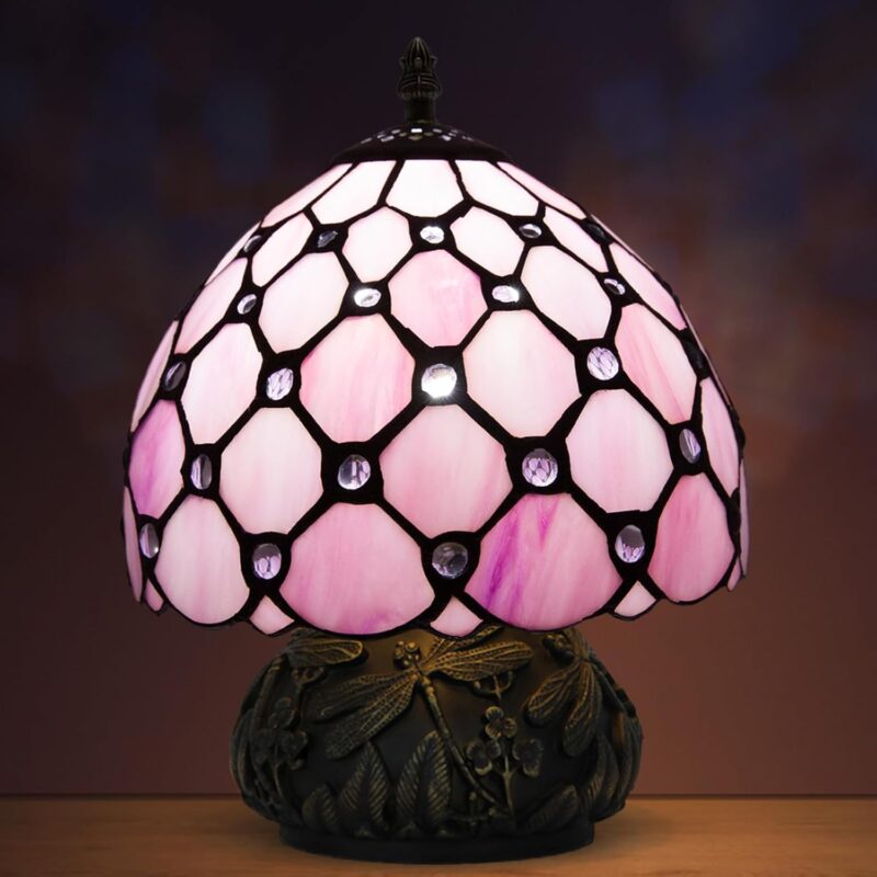 Small Tiffany Stained Glass Lamp, 3 Color Temperatures Bedside Lamp, 8 Inch Pink Pearl Beads Style Mushroom Desk Light for Bedroom Living Room Office Home Decor (Pink)