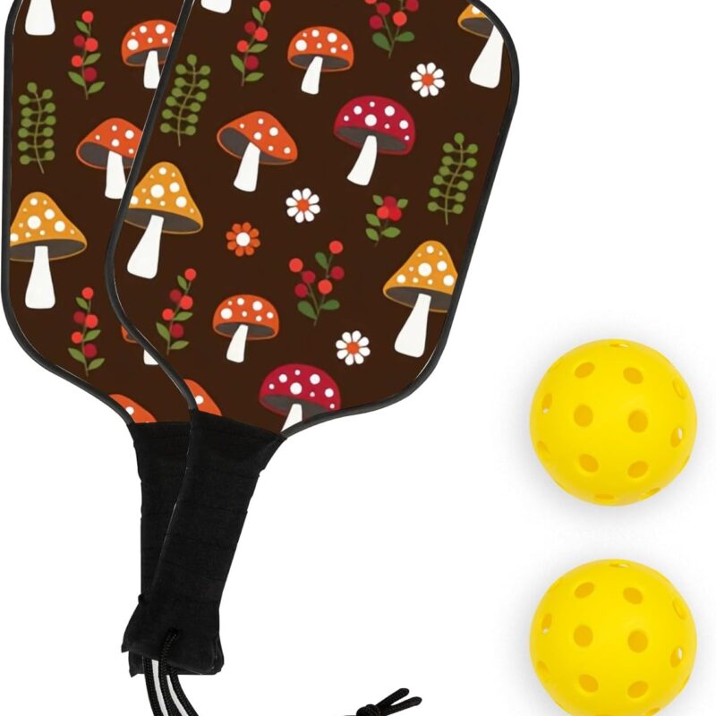 Set of 2 Pickleball Paddles with 2 Balls - Woodland Mushroom Flowers Berries Pickle Ball Paddle Rackets Sets for Women Men