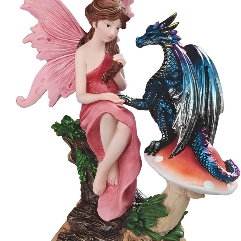 ICE ARMOR 8.25" H Fairy with Dragon on Mushroom Figurine Statue Sculpture Ornament Decoration Home/Room Decor Ideas for Housewarming, Holidays and Birthdays Great Collectible