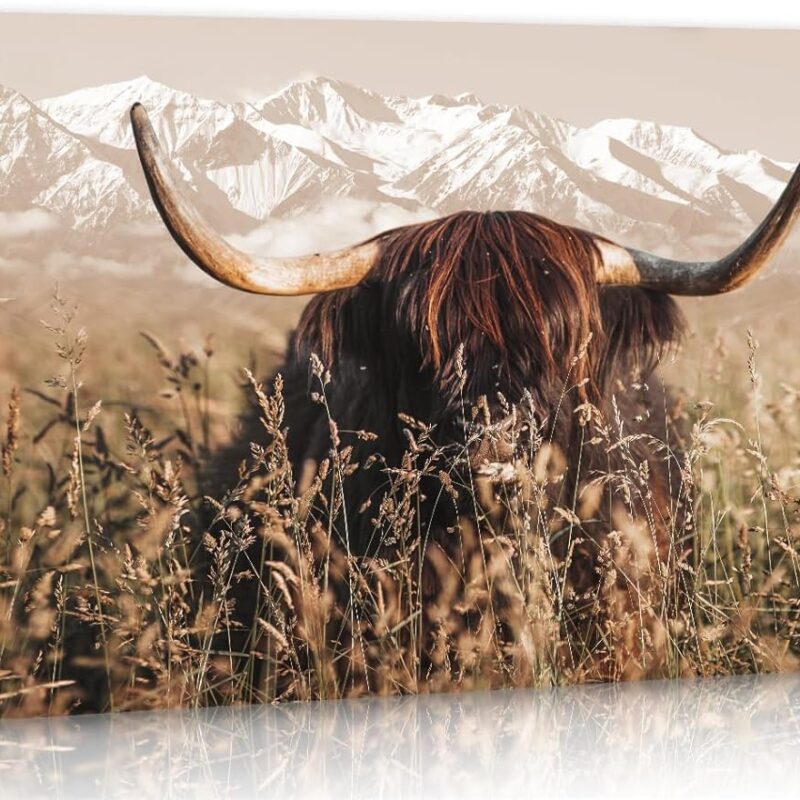 DJSYLIFE Highland Cow Wall Art Farmhouse Decor Canvas Printed Country Cow Pictures Western Rustic Modern Artwork Decorations for Bedroom Office Living Room Framed Ready to Hang 20" x 40"
