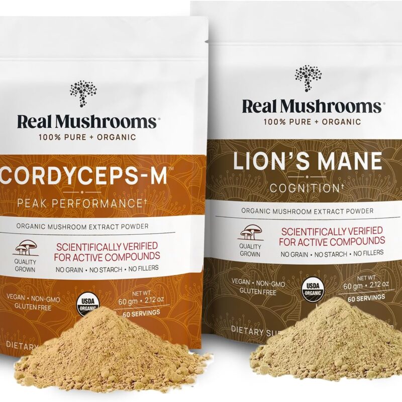Lions Mane (60g) and Cordyceps (60g) Mushroom Extract Powder Bundle - Mushroom Supplement for Cognition, Energy and Endurance