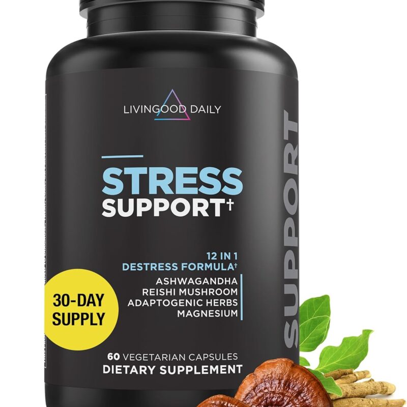 Livingood Daily De-Stress Relief Supplement, 60 Vegetarian Capsules - Reishi Mushroom & Ashwagandha Supplements Support Mood & Brain Function - Non-GMO, Gluten-Free, Allergen-Free, & Vegan