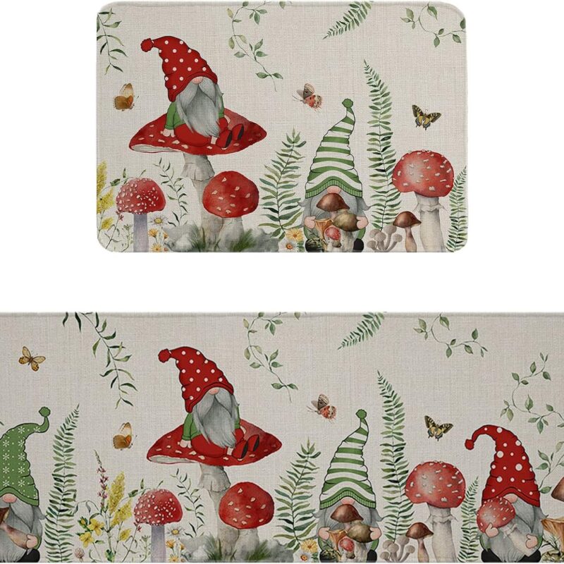 2 Pieces Kitchen Rugs Set Spring Gnome Red Mushroom Vintage Linen,Water Absorbent Soft Doormat Area Runners Garden Vegetable,Non-Slip Bath Mat for Entryway Bathroom Laundry