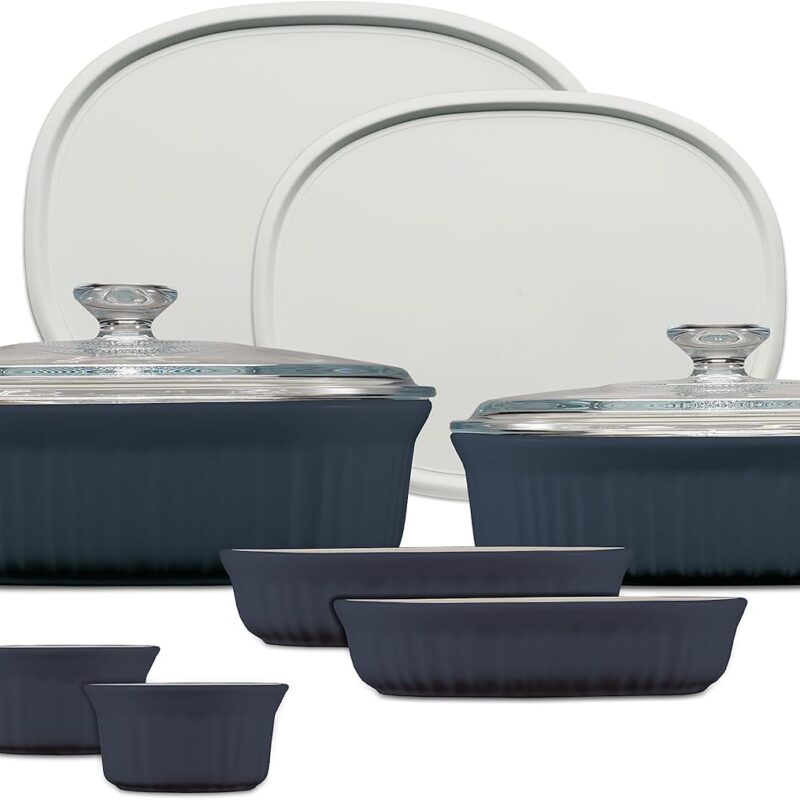 CorningWare Ceramic Bakeware Set with Lids, Chip and Crack Resistant Stoneware Baking Dish, Microwave, Dishwasher, Oven, Freezer and Fridge Safe, 10-Piece French Navy