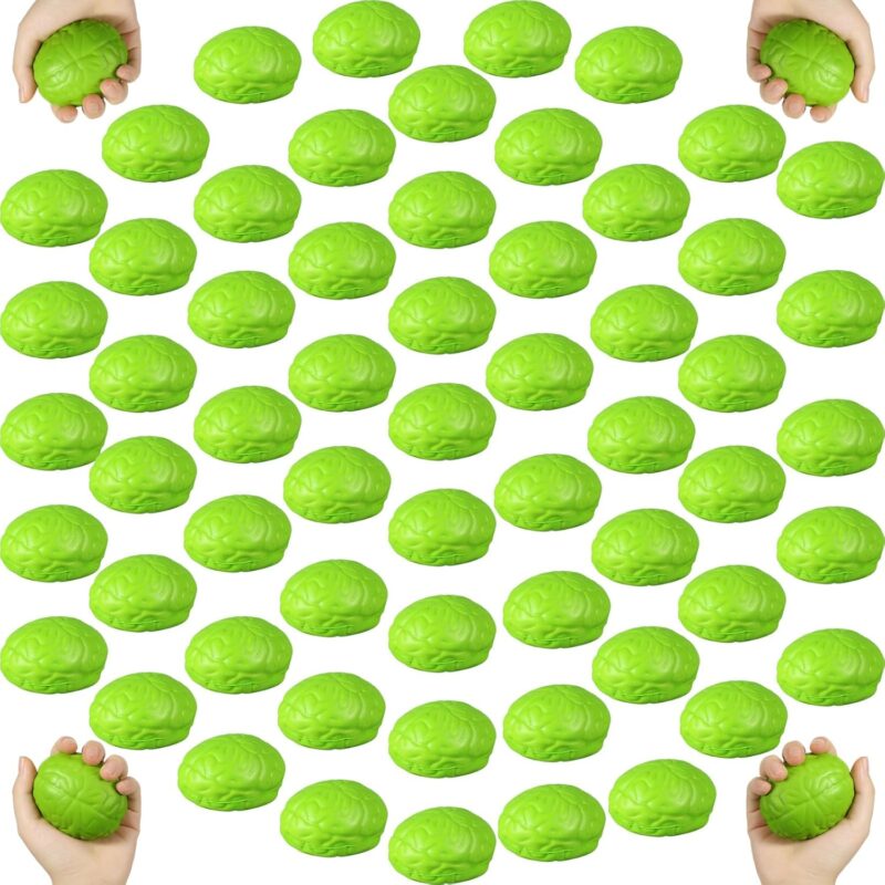 Jenaai 60 Pcs Brain Stress Ball Halloween Squeeze Toy 2.76 Inch PU Hand Muscle Exercise Pressure Ball Funny Stress Relief Toy for Teens Adults Improving Grip Strength Release Pressure (Green)