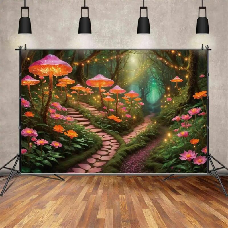 Party Background Pink Mushroom Forest Lotus Pattern Wall Decorations Backdrop