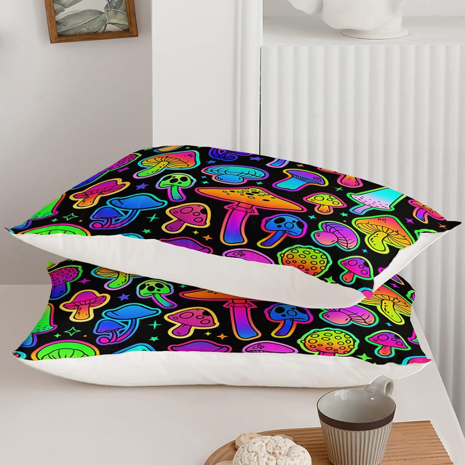 71jP5uohh3L._AC_SL1500_.jpg Axolotl Mushroom Queen Bedding Set, 4 Pcs Colorful Soft Gradient Mushroom Bedding with 1 Fitted Sheet 1 Flat Sheet 2 Pillowcases, Cute Kids Bedding for Boys Girls Teens Adults, Black Neon - Image 7