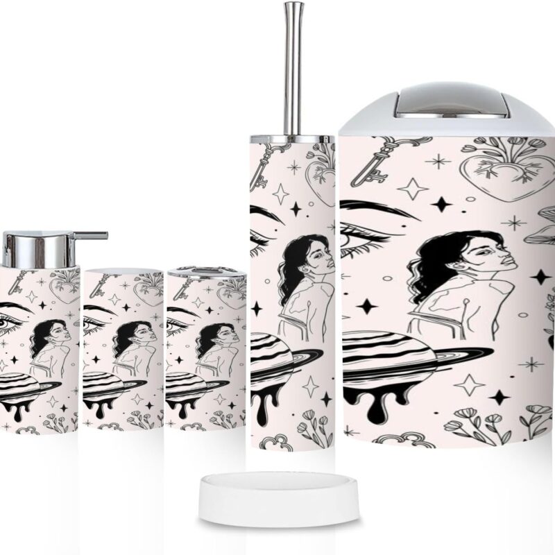 Bathroom Accessory Set 6 Pcs Modern Tattoo Style Seamless Pattern Women Flowers Eyes Mushrooms Keys Toothbrush Holder, Soap Dispenser, Toothbrush Cup, Trash Can, Toilet Brush Holder for Rustic Decor