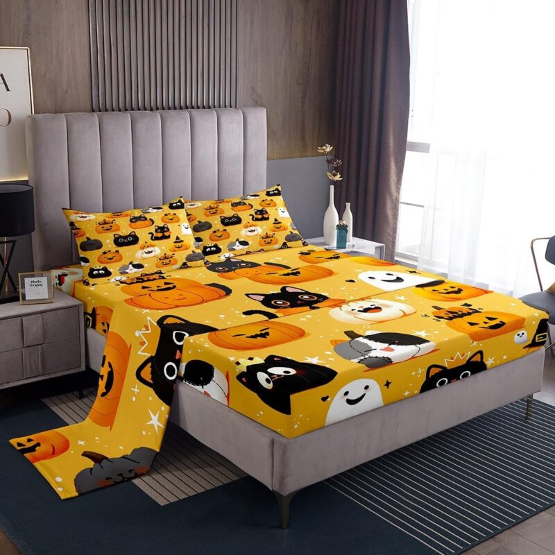 Feelyou Kids Cute Halloween Sheet Set King Size Cat Pumpkin Lantern Bed Sheets Set for Boys Girls Room Decor Jack O Lantern Sheets with Deep Pocket Fitted Sheet Women Men Bedding Set,4Pcs