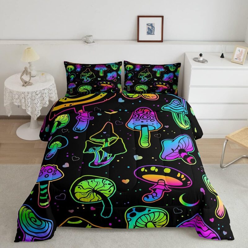 Erosebridal Mushroom Comforter Set Queen,Kawaii Glowing Botanical Bedding Set Wild Plants Down Comforter for Kids Girls Teens Women Cartoon Teal Purple Neon Mushroom Room Decor Quilt Duvet Set, 3Pcs