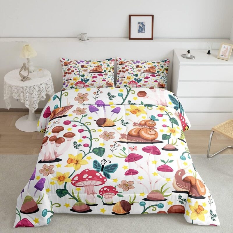 jejeloiu Cute Mushroom Comforter Set for Kids Boys Girls Kawaii Snail Comforter Twin Size Cartoon Butterfly Bedding Set Decor Flwers White Duvet Set Quilt 2Pcs Boys