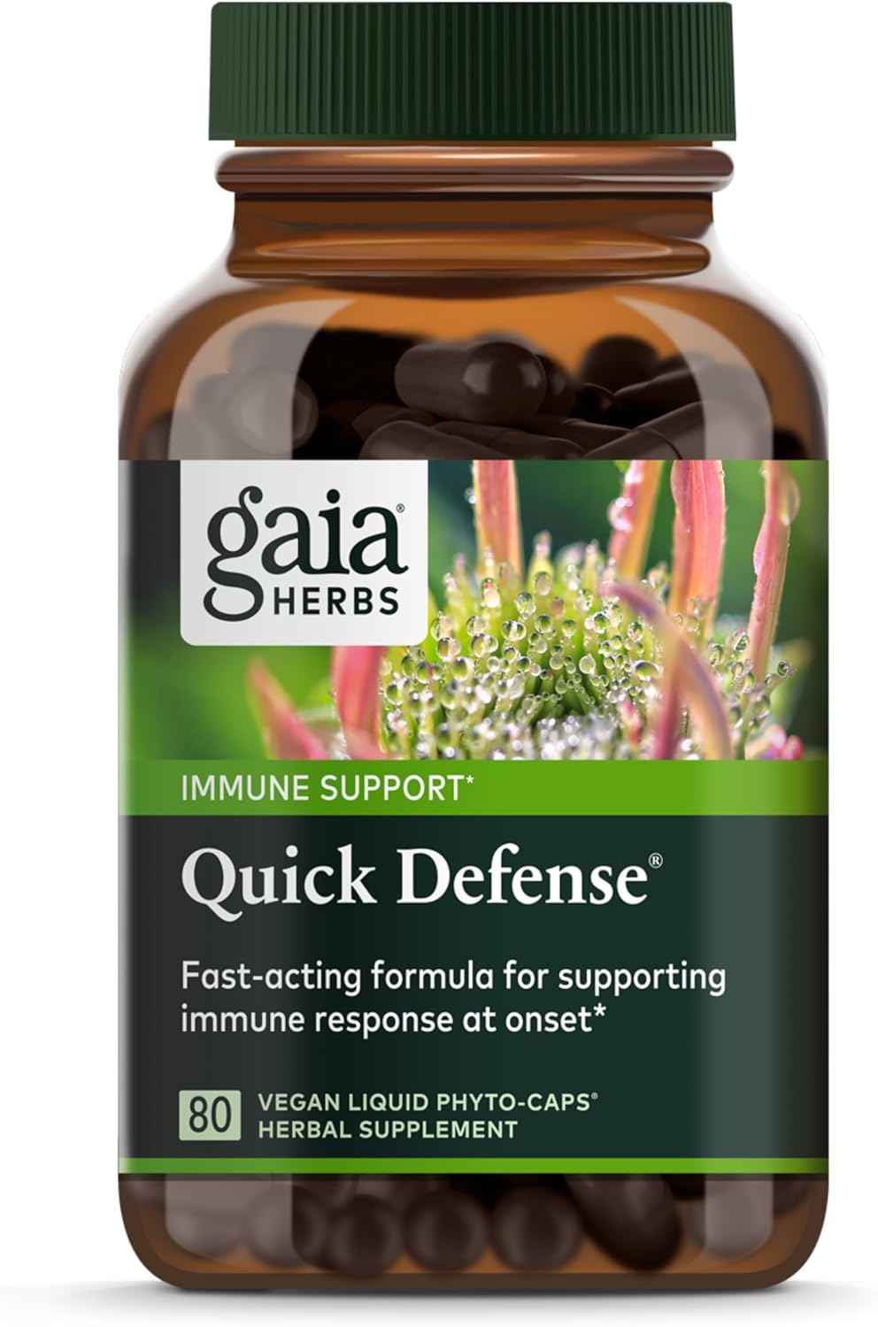 71luW-1FHcL._AC_SL1500_.jpg Gaia Herbs Quick Defense - Fast-Acting Immune Support Supplement for Use at Onset of Symptoms - with Echinacea, Black Elderberry, Ginger & Andrographis - 80 Vegan Liquid Phyto-Capsules (8-Day Supply)